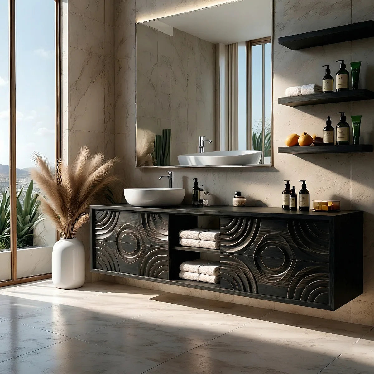 Floating Solid Wood Bathroom Vanity with Carved Doors and Open Center Shelf
