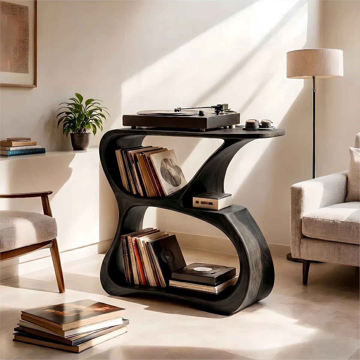 Luxury Solid Wood Record Player Stand, Curved Wooden Vinyl Storage Cabinet