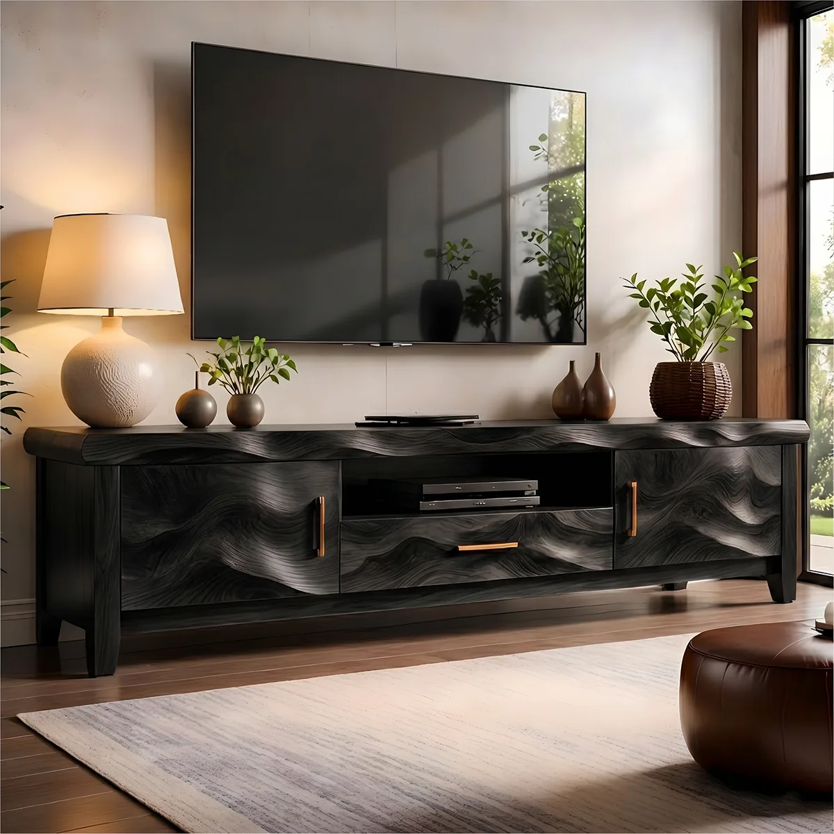 Modern Solid Wood Wavy Carved TV Stand with Mixed Storage