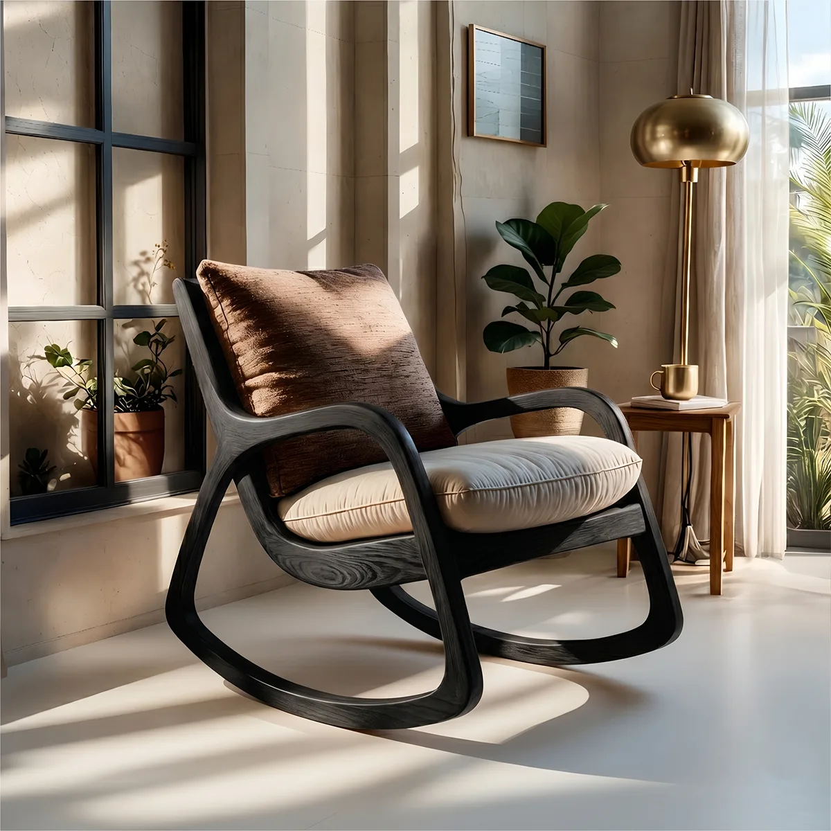 Handcrafted Solid Wood Rocking Lounge Chair, Organic Walnut Accent Chair