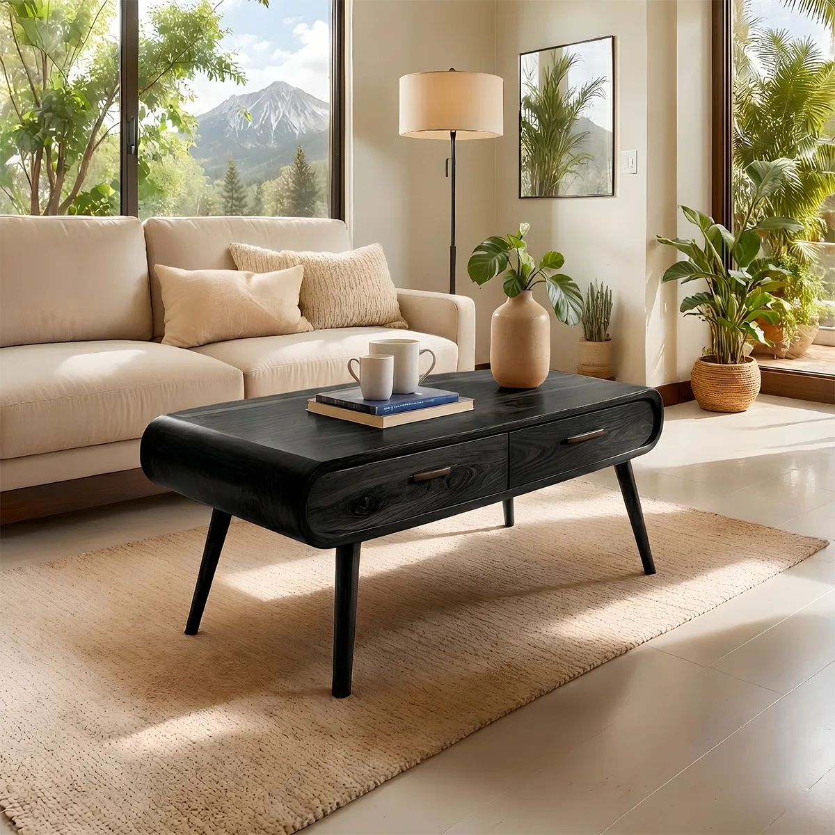 Mid Century Modern Solid Wood Coffee Table with Dual Storage Drawers