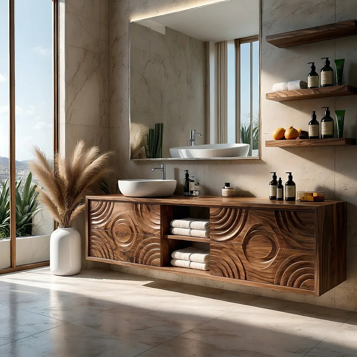 Floating Solid Wood Bathroom Vanity with Carved Doors and Open Center Shelf
