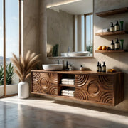 Floating Solid Wood Bathroom Vanity with Carved Doors and Open Center Shelf