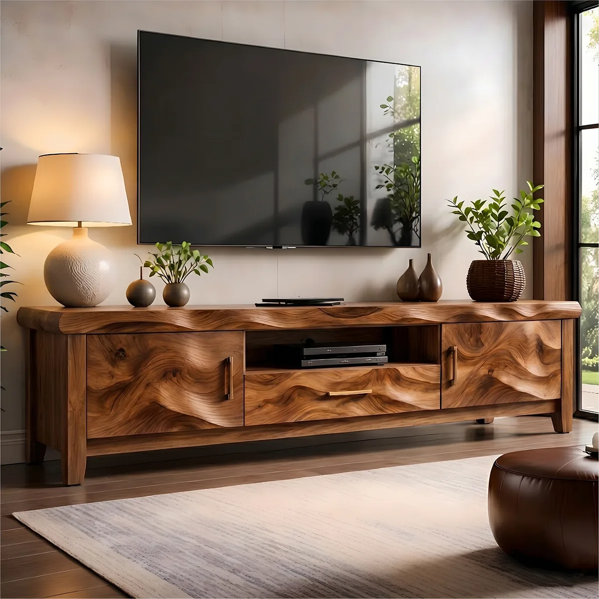 Modern Solid Wood Wavy Carved TV Stand with Mixed Storage