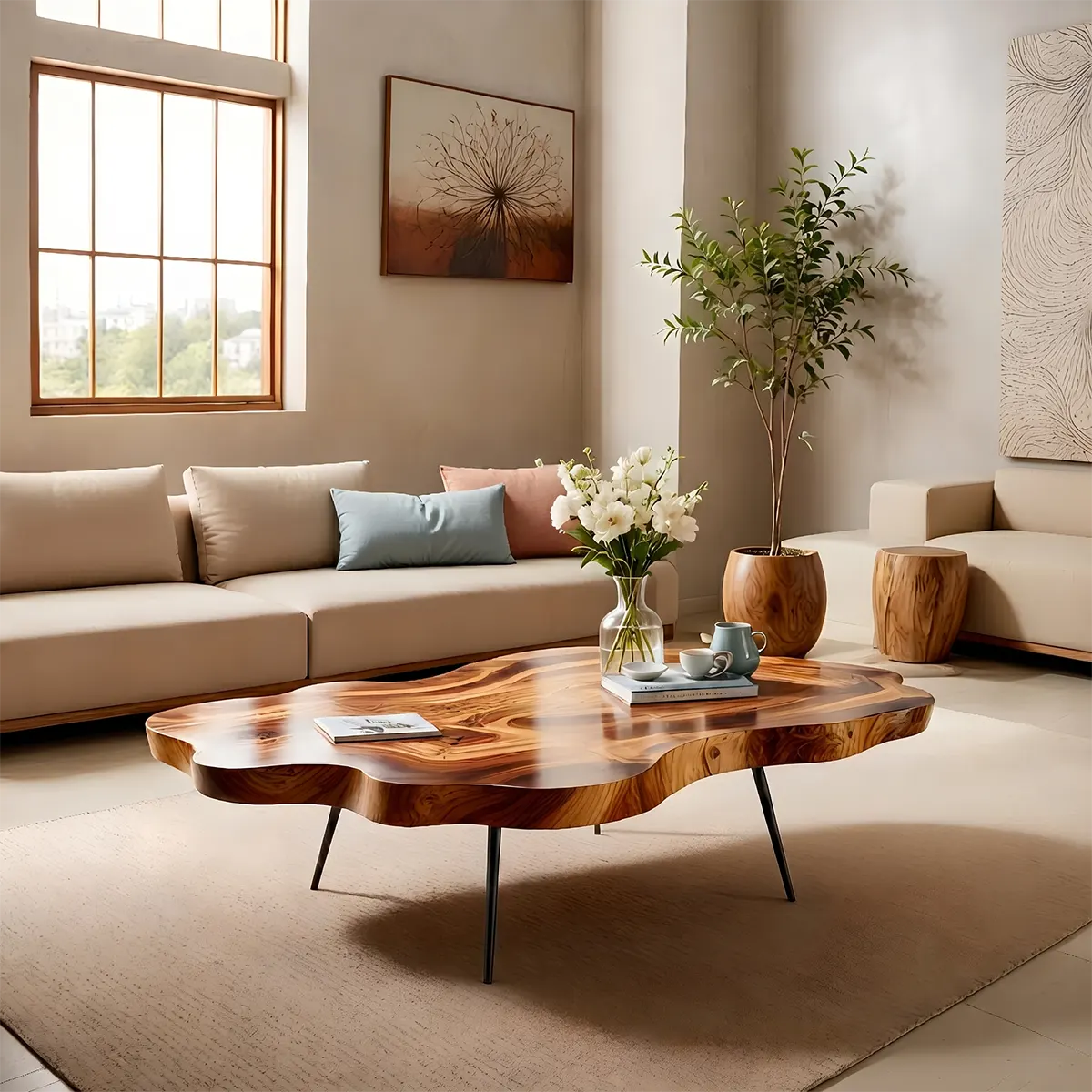 Organic Live Edge Solid Wood Coffee Table – Handcrafted Modern Rustic Table