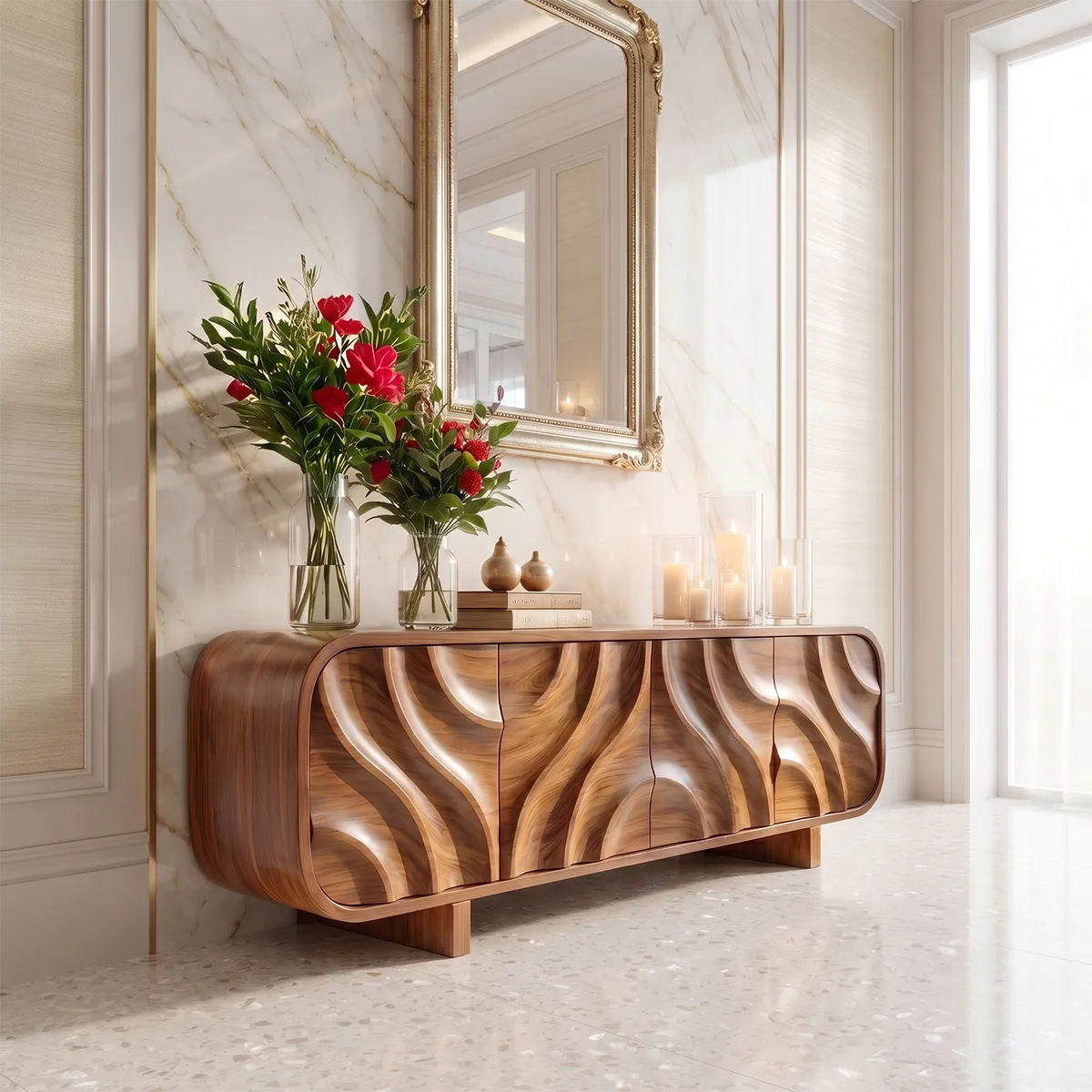 Modern Organic Sideboard Cabinet with Sculpted Wood Doors | Contemporary Storage Credenza TT006-3641