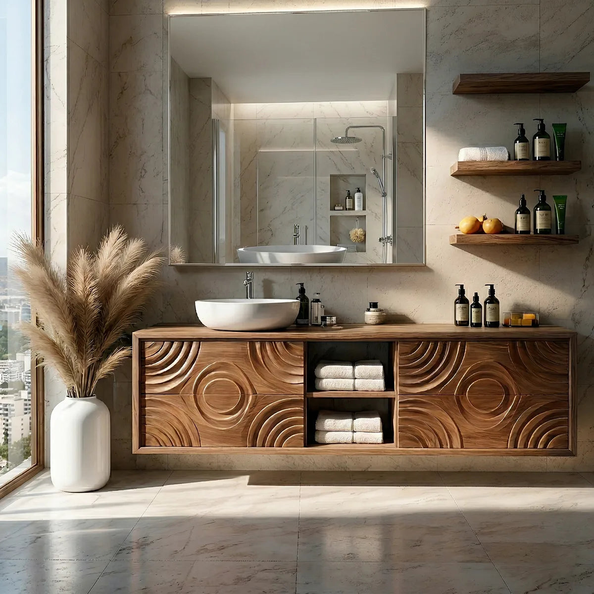 Floating Solid Wood Bathroom Vanity with Carved Doors and Open Center Shelf