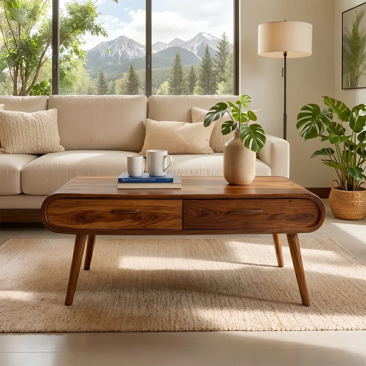 Mid Century Modern Solid Wood Coffee Table with Dual Storage Drawers