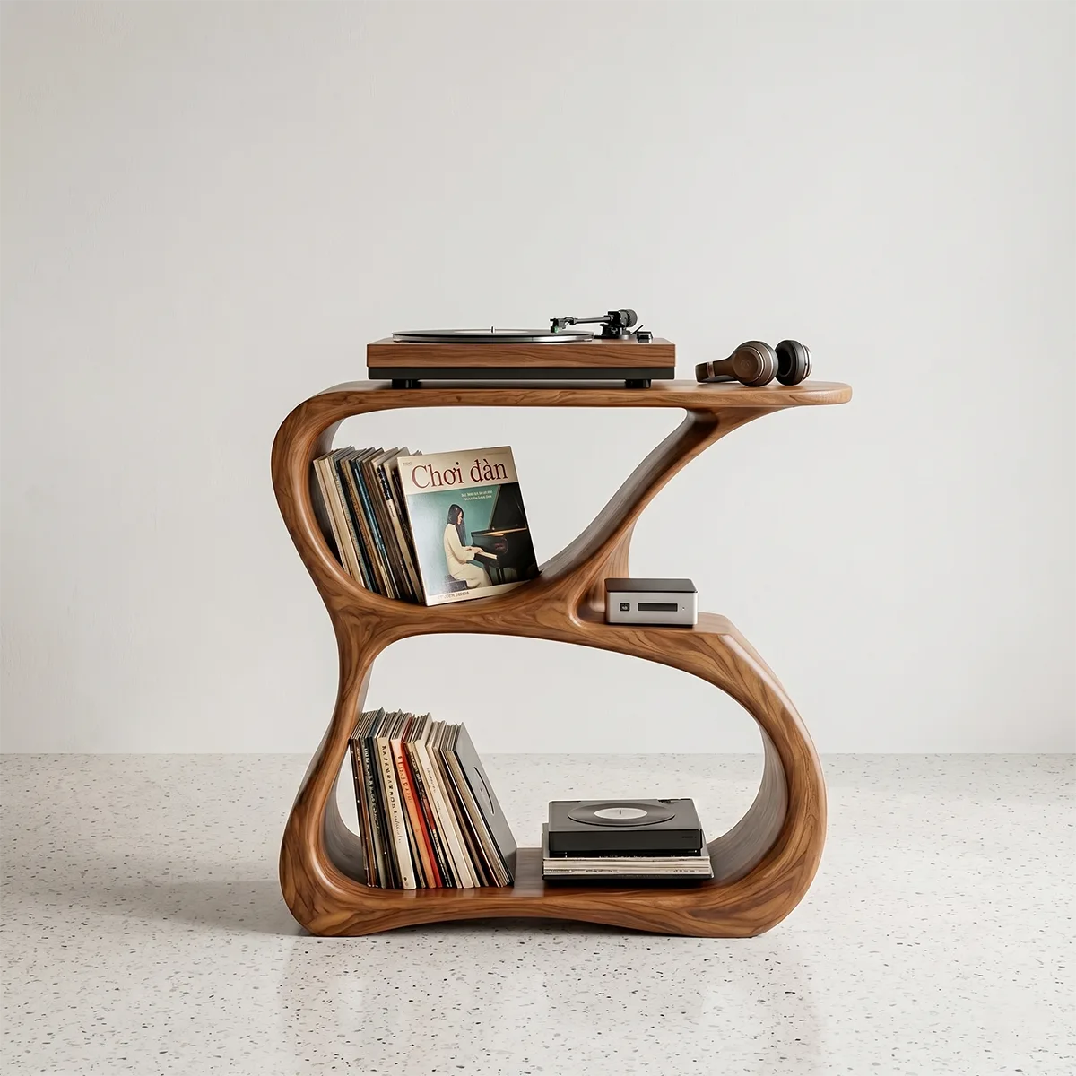 Luxury Solid Wood Record Player Stand, Curved Wooden Vinyl Storage Cabinet