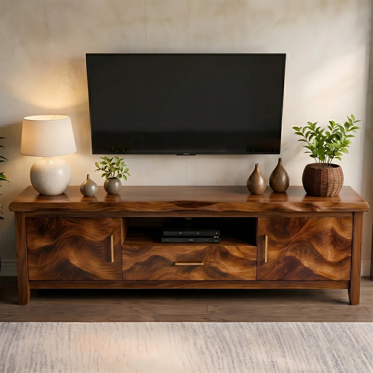 Modern Solid Wood Wavy Carved TV Stand with Mixed Storage