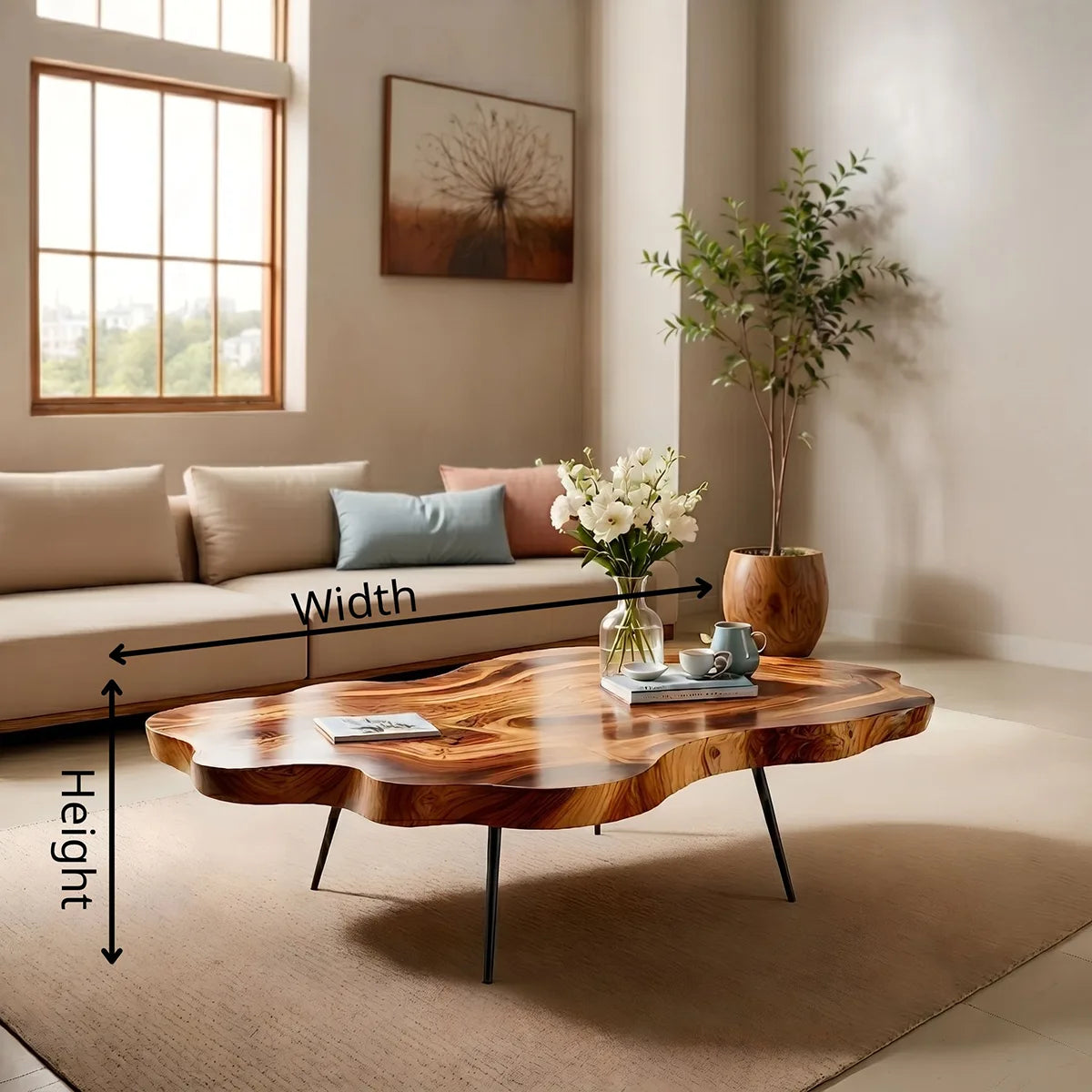 Organic Live Edge Solid Wood Coffee Table – Handcrafted Modern Rustic Table