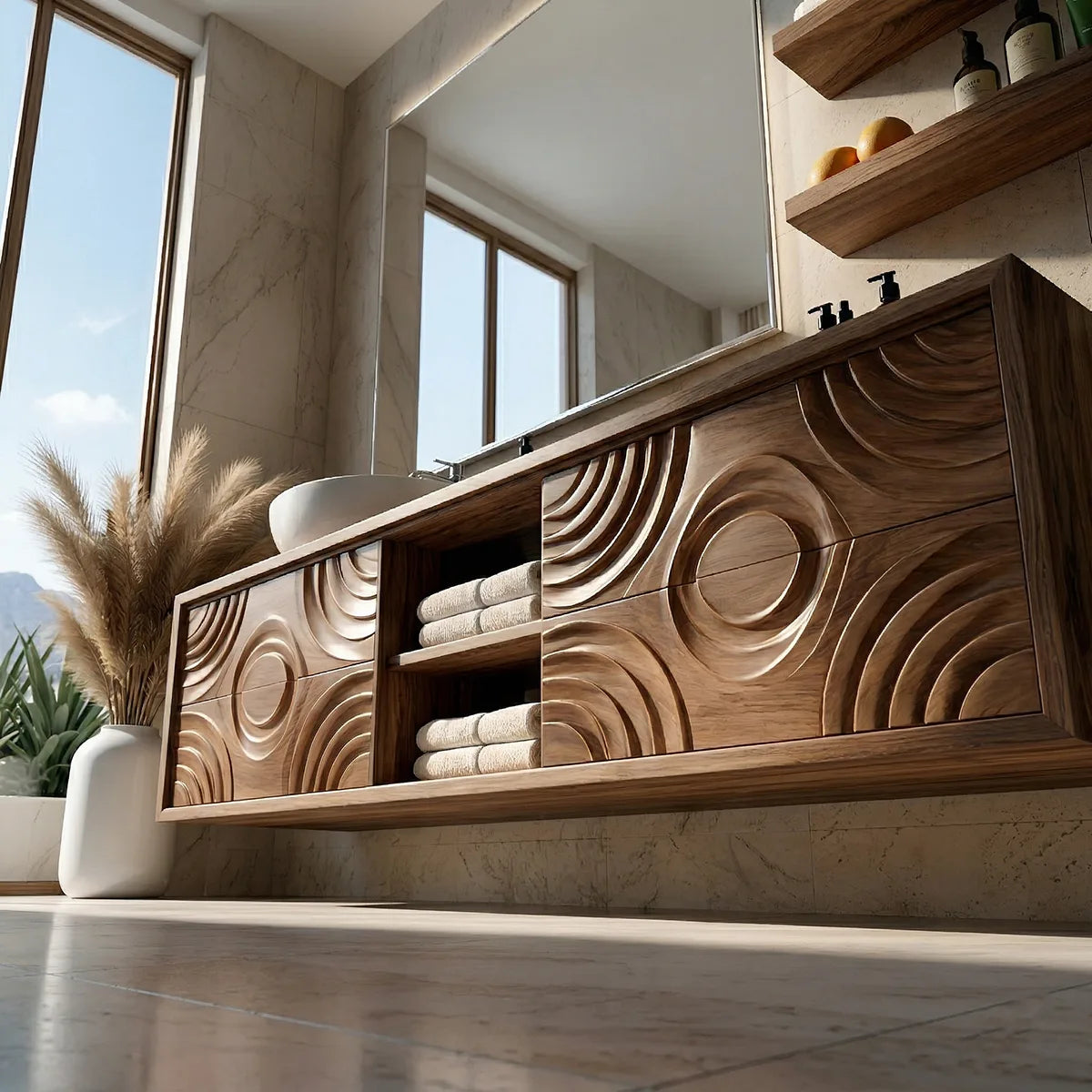 Floating Solid Wood Bathroom Vanity with Carved Doors and Open Center Shelf