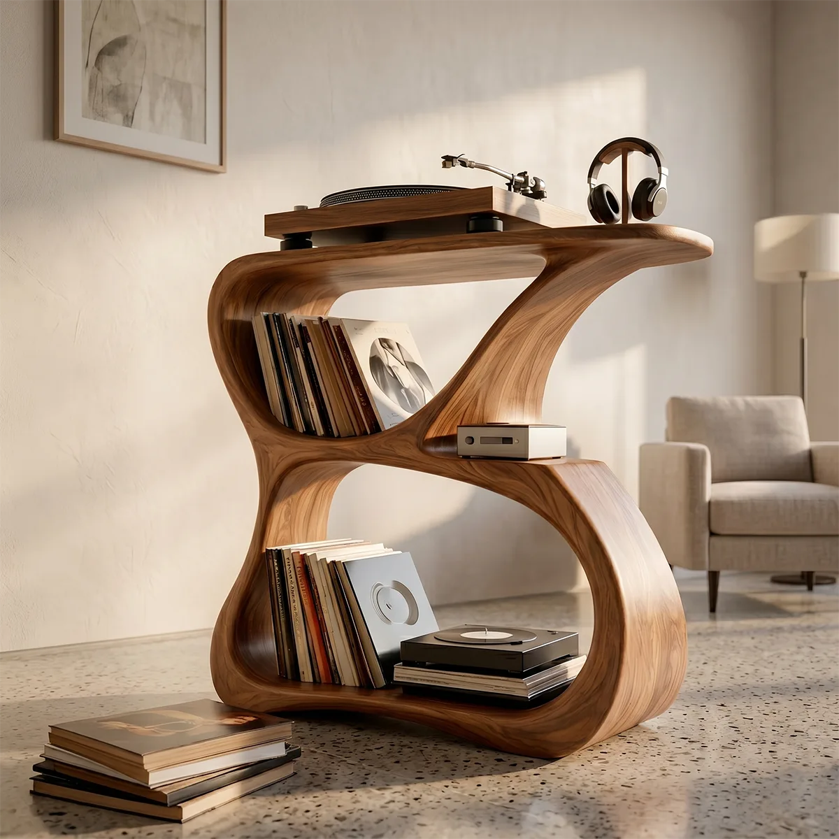 Luxury Solid Wood Record Player Stand, Curved Wooden Vinyl Storage Cabinet