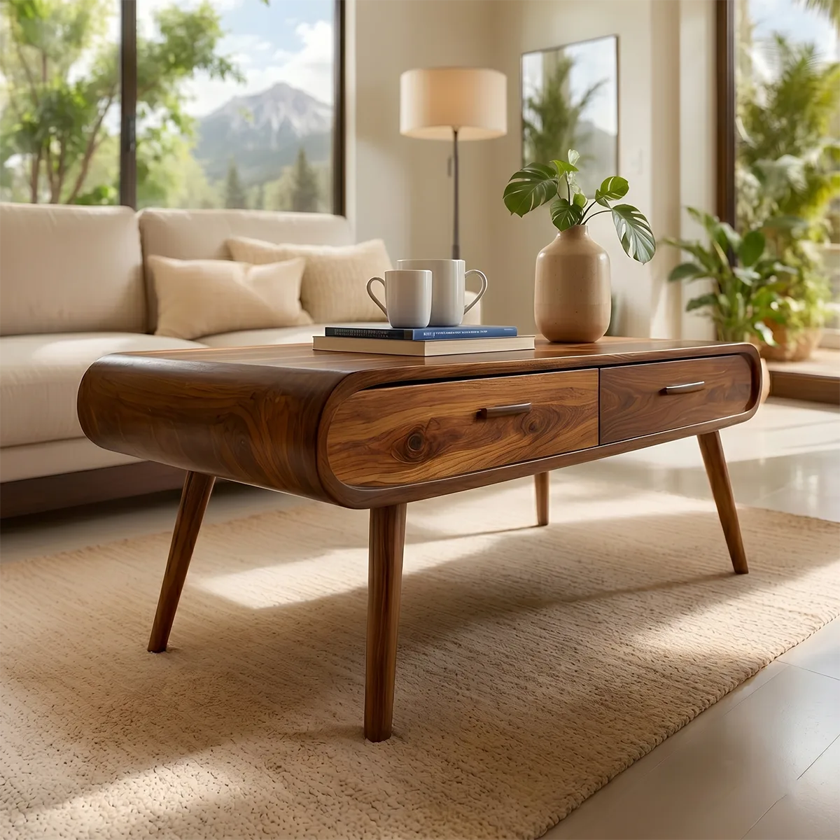 Mid Century Modern Solid Wood Coffee Table with Dual Storage Drawers