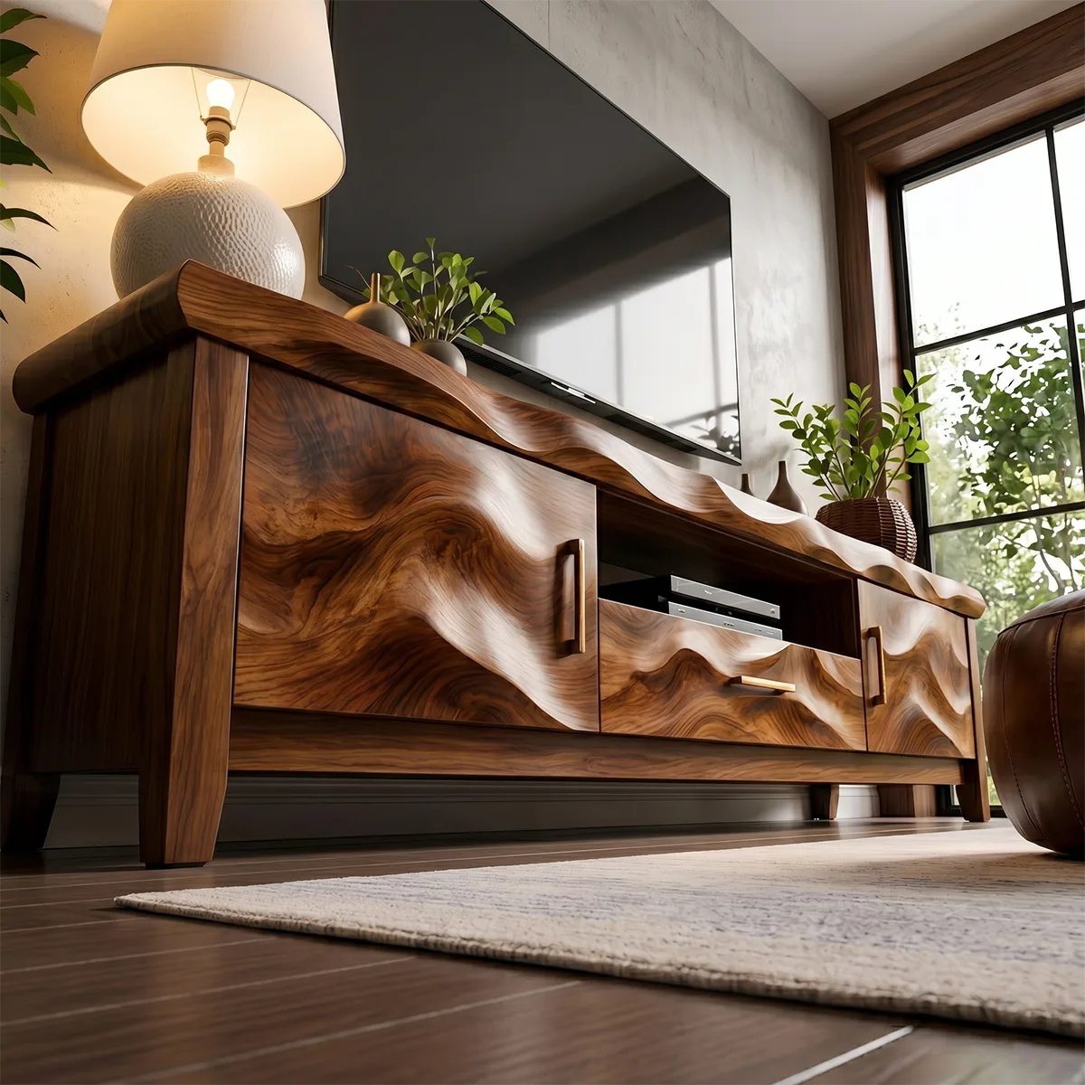 Modern Solid Wood Wavy Carved TV Stand with Mixed Storage