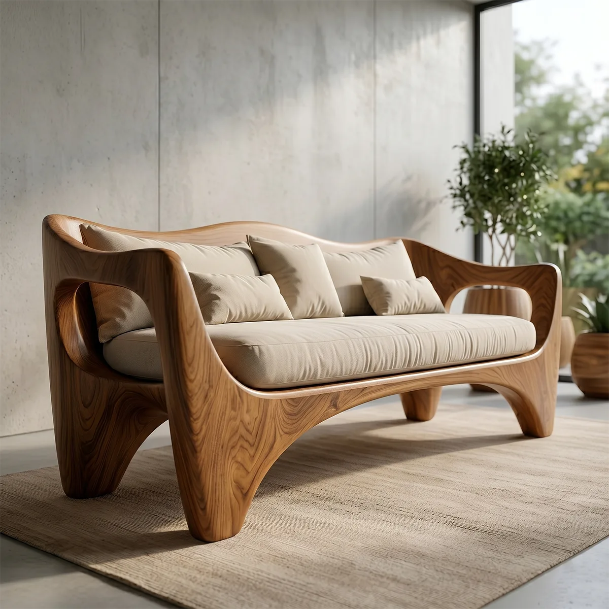 Luxury Sculptural Wooden Sofa with Organic Curved Frame Design