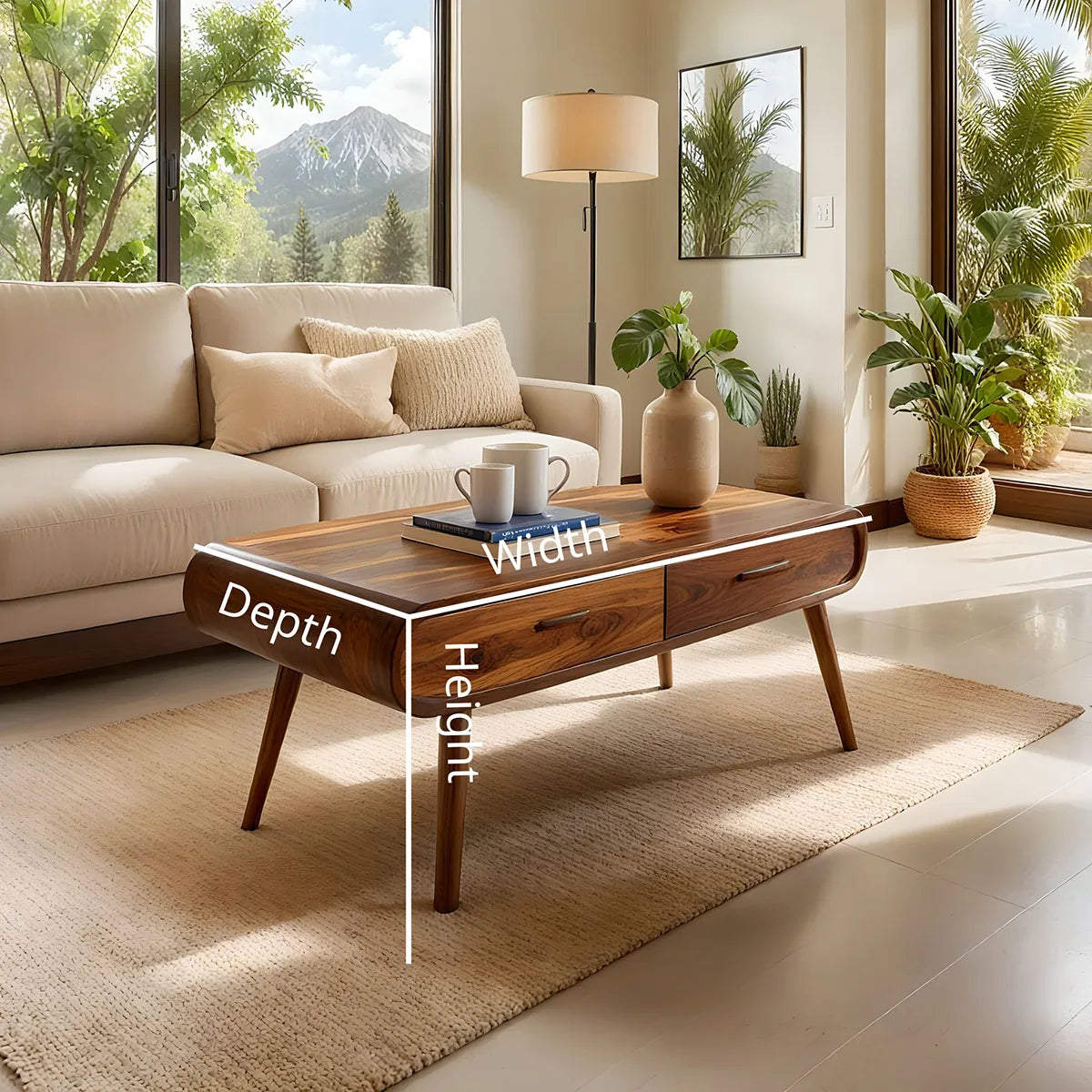 Mid Century Modern Solid Wood Coffee Table with Dual Storage Drawers
