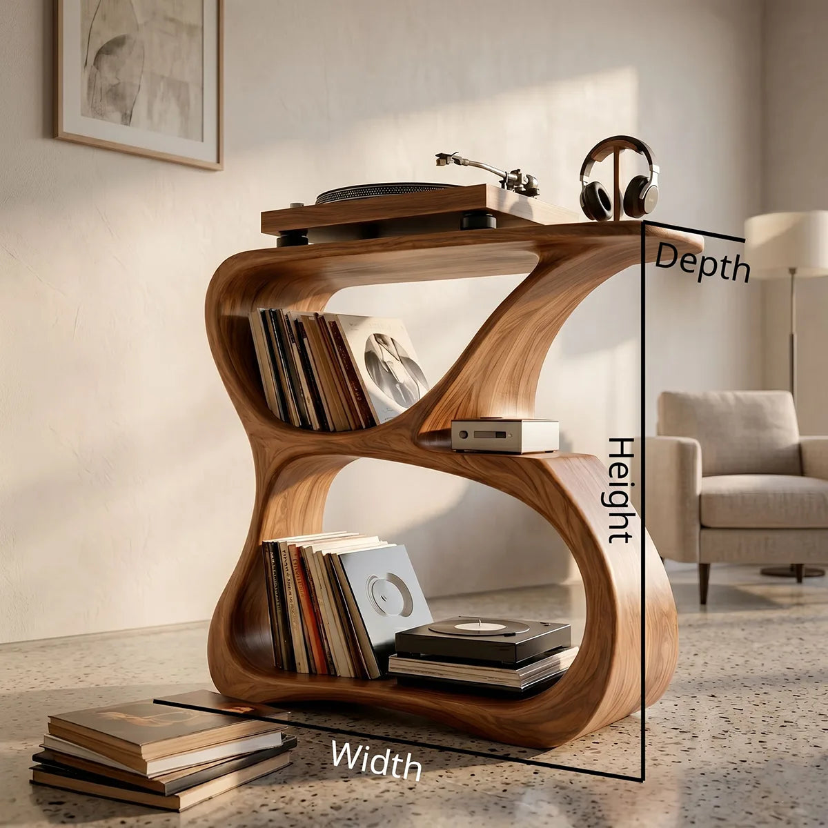 Luxury Solid Wood Record Player Stand, Curved Wooden Vinyl Storage Cabinet