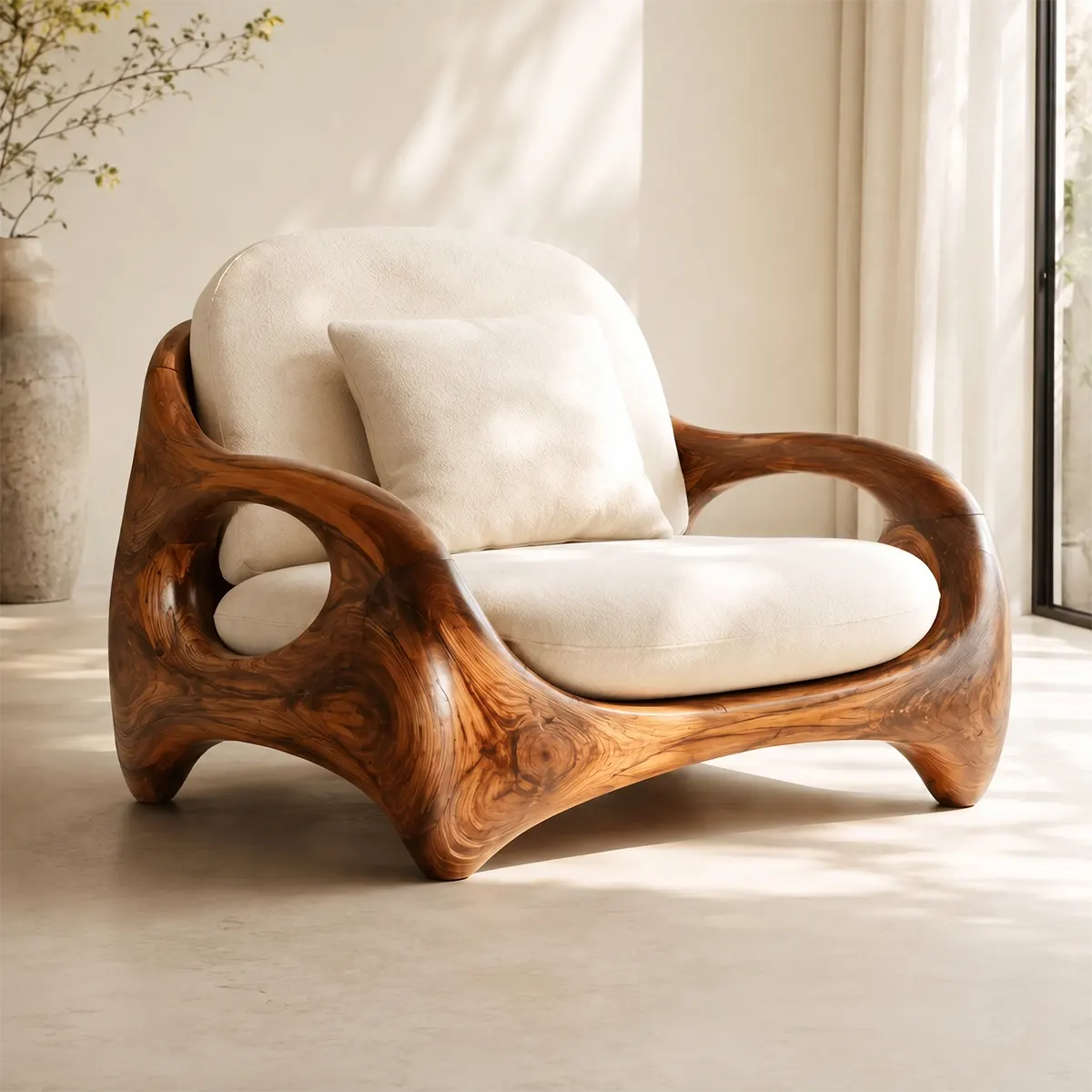 Organic Modern Solid Wood Lounge Chair | Sculptural Handcrafted Wooden Accent Chair TT006-3914