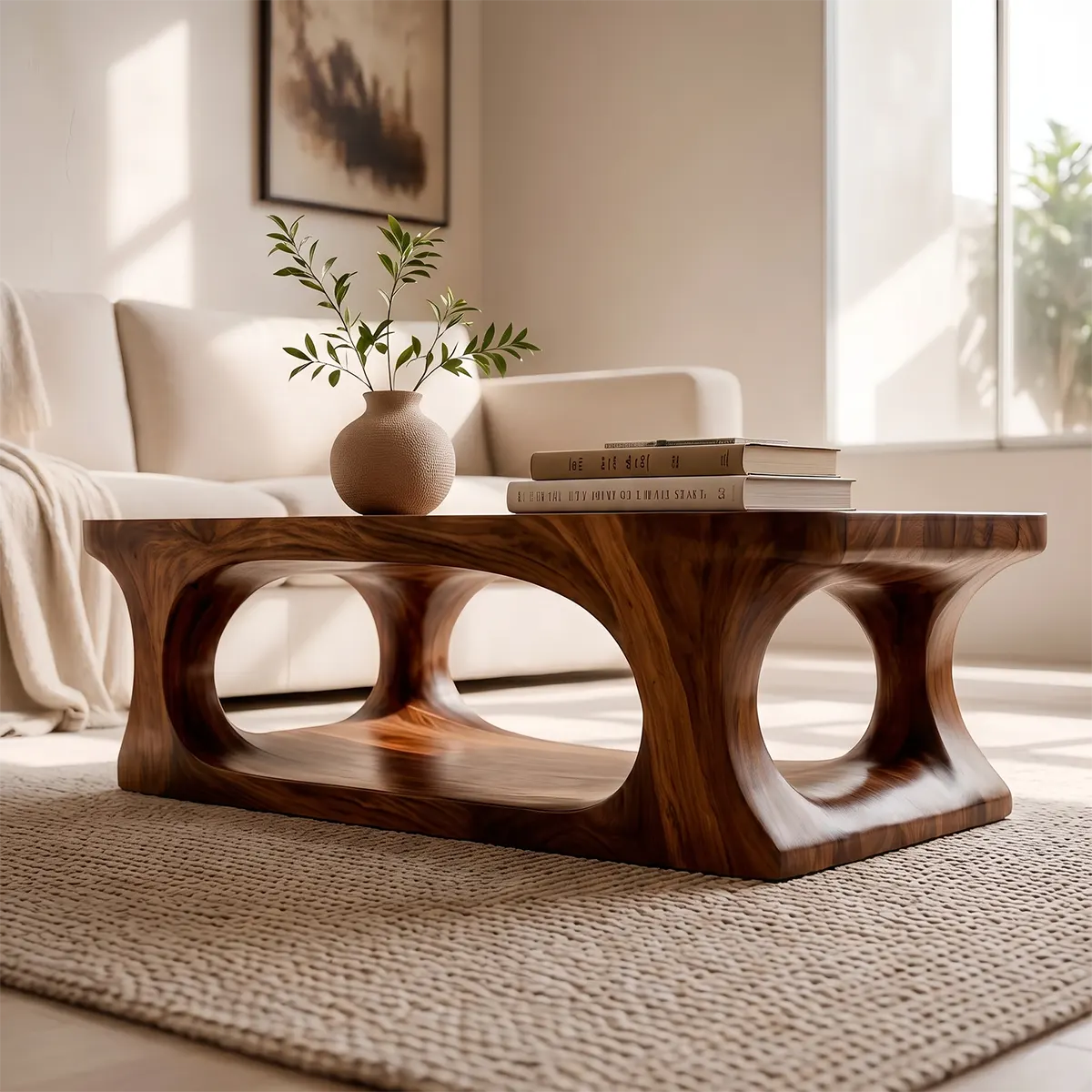 Modern Coffee Table with Shelf | Organic Sculptural Cocktail Table for Contemporary Living Room TT006-5621