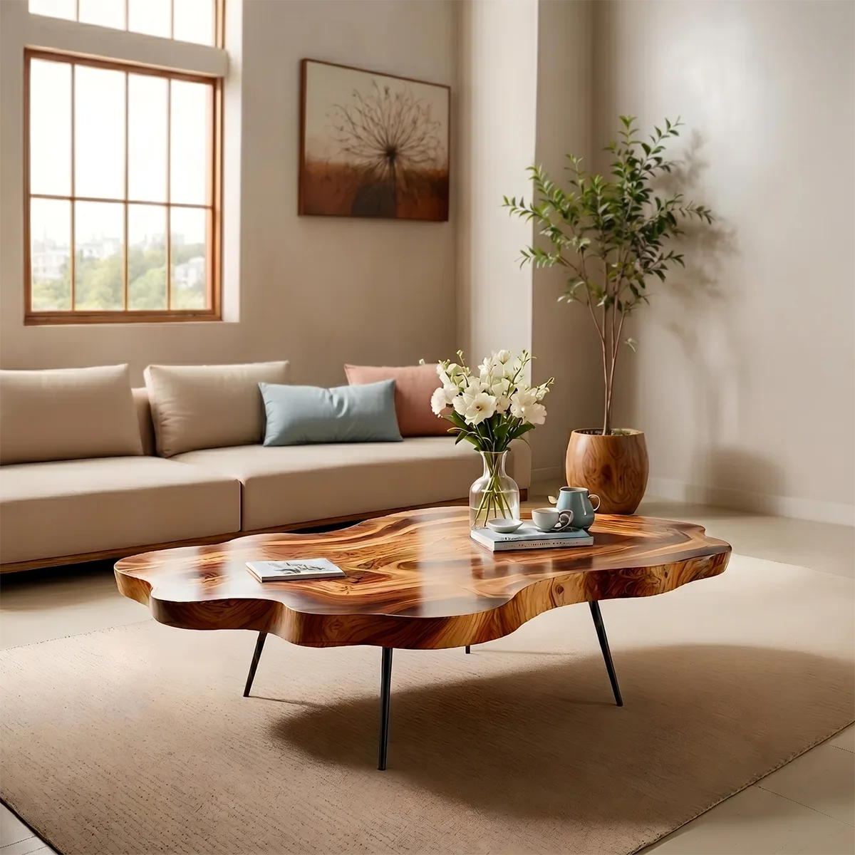 Organic Live Edge Solid Wood Coffee Table – Handcrafted Modern Rustic Table