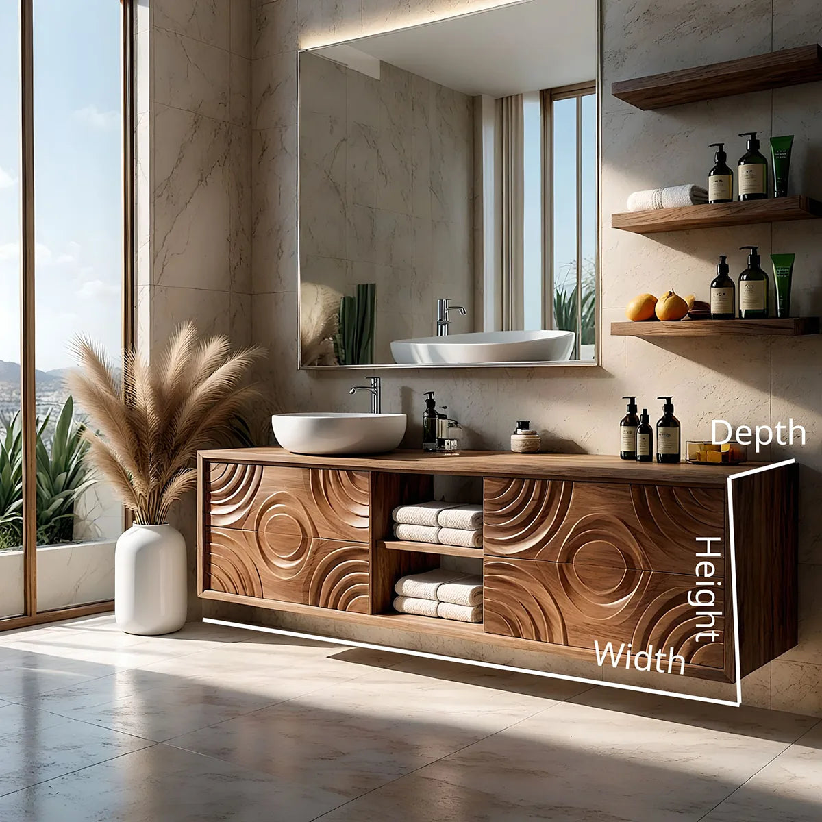 Floating Solid Wood Bathroom Vanity with Carved Doors and Open Center Shelf