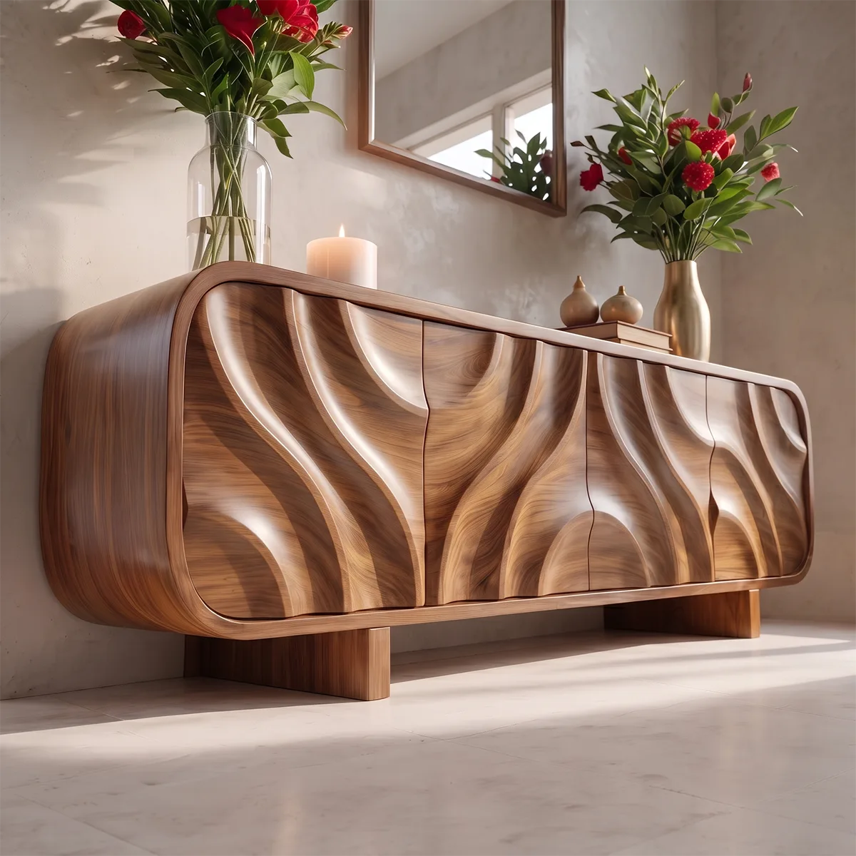 Modern Organic Sideboard Cabinet with Sculpted Wood Doors | Contemporary Storage Credenza TT006-3641