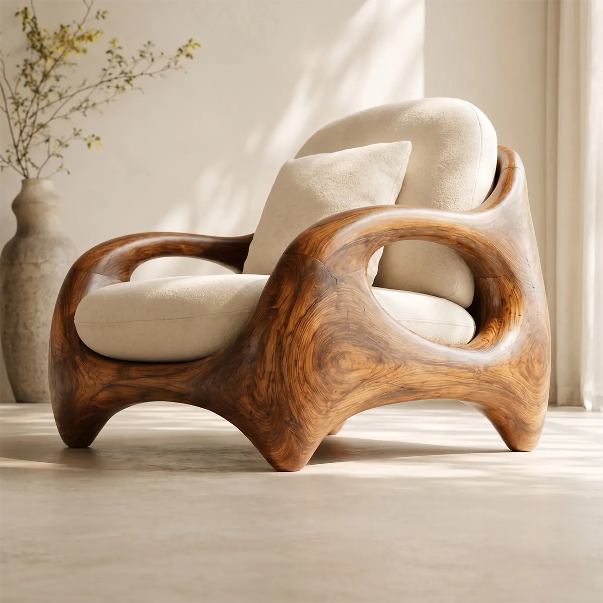 Organic Modern Solid Wood Lounge Chair | Sculptural Handcrafted Wooden Accent Chair TT006-3914