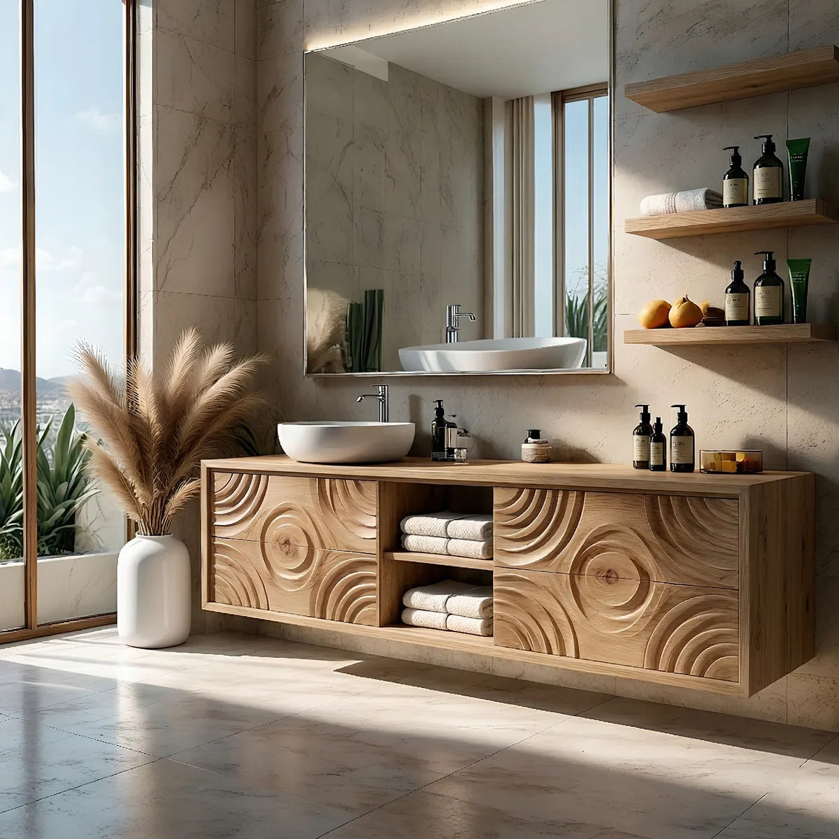 Floating Solid Wood Bathroom Vanity with Carved Doors and Open Center Shelf