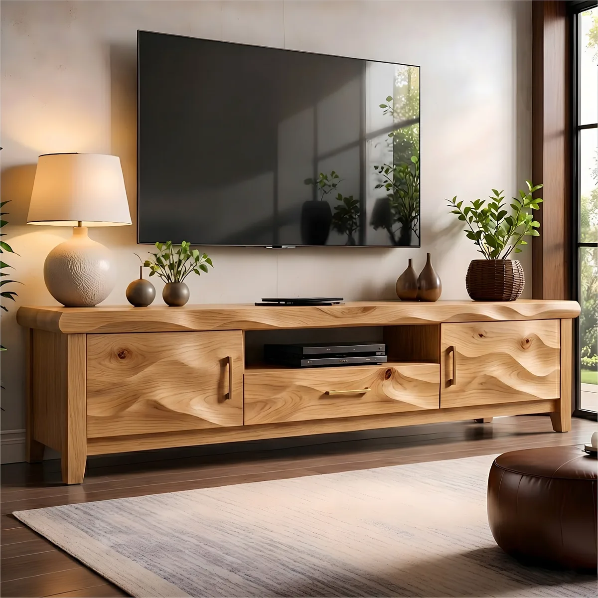 Modern Solid Wood Wavy Carved TV Stand with Mixed Storage