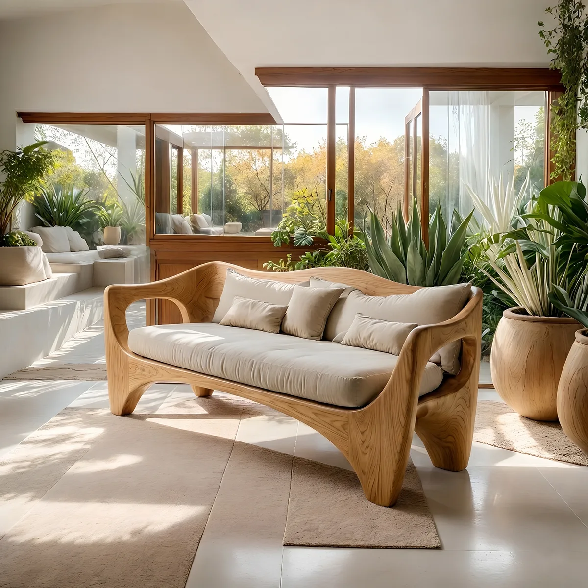 Luxury Sculptural Wooden Sofa with Organic Curved Frame Design
