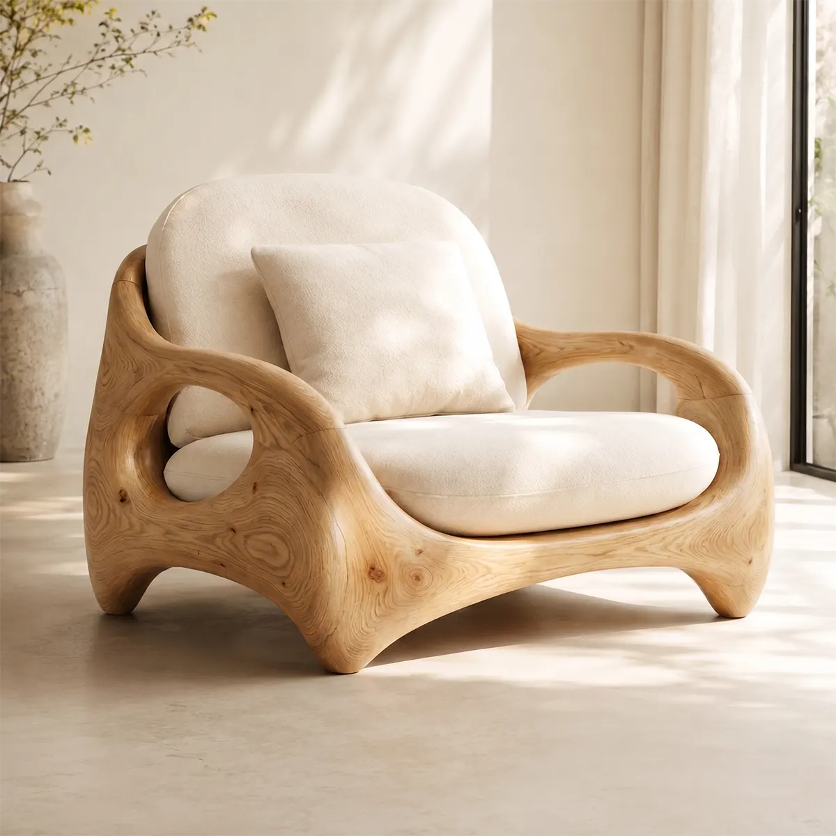 Organic Modern Solid Wood Lounge Chair | Sculptural Handcrafted Wooden Accent Chair TT006-3914