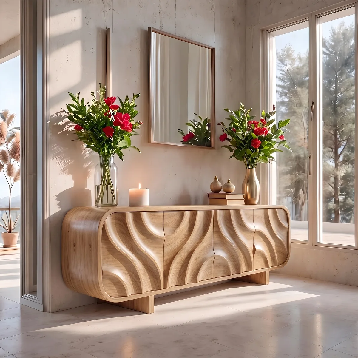 Modern Organic Sideboard Cabinet with Sculpted Wood Doors | Contemporary Storage Credenza TT006-3641
