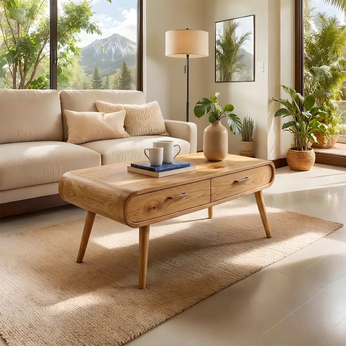 Mid Century Modern Solid Wood Coffee Table with Dual Storage Drawers