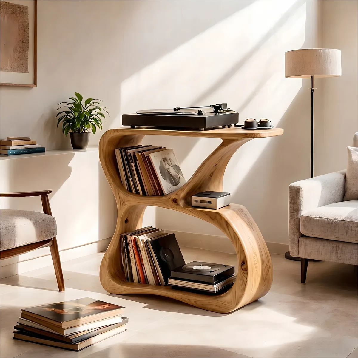 Luxury Solid Wood Record Player Stand, Curved Wooden Vinyl Storage Cabinet