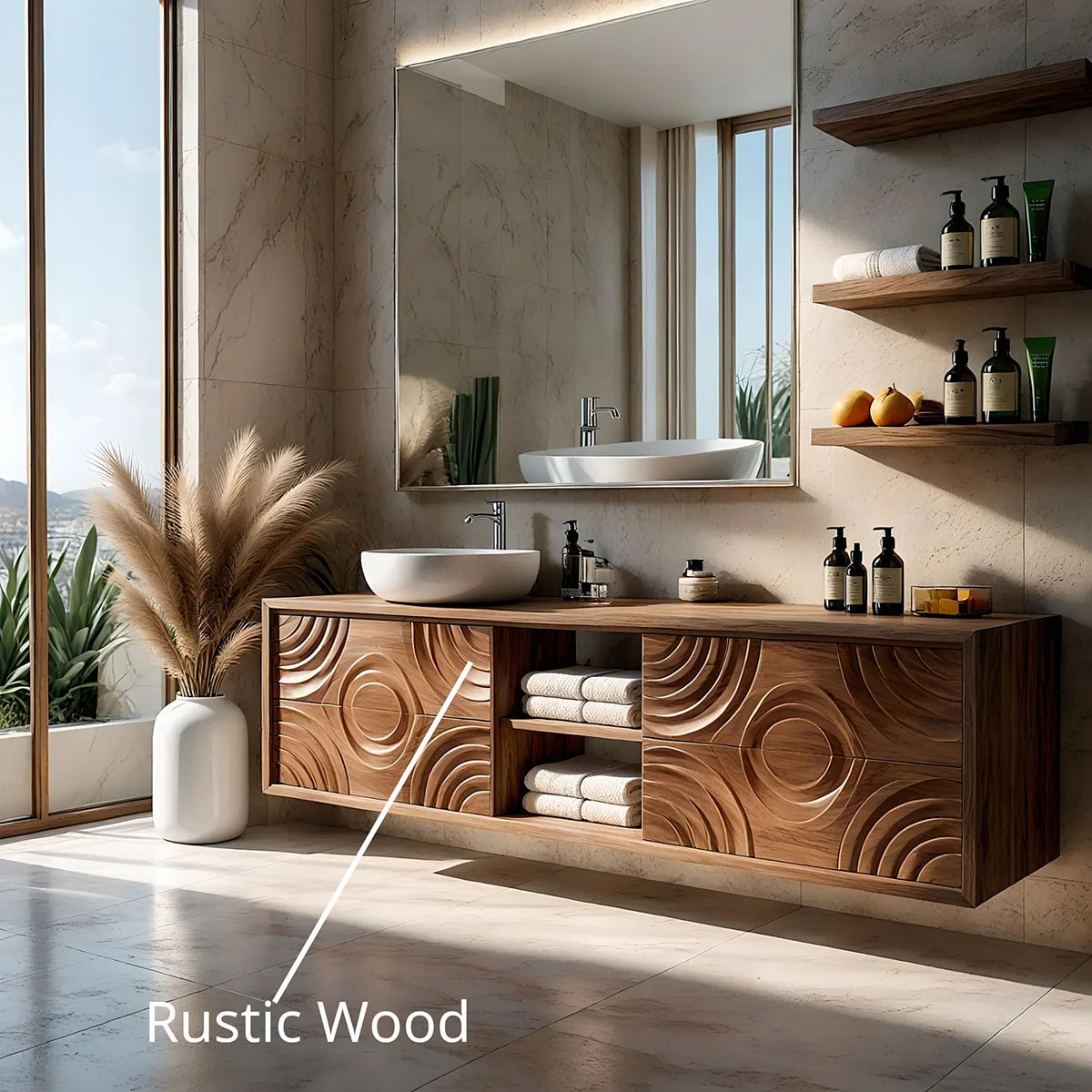 Floating Solid Wood Bathroom Vanity with Carved Doors and Open Center Shelf