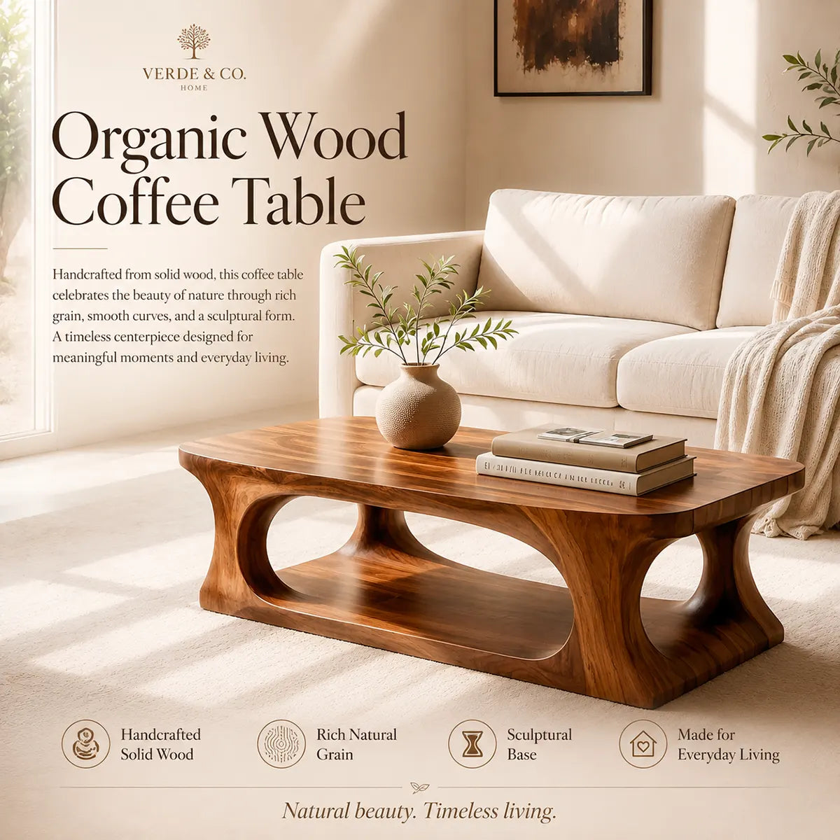 Modern Coffee Table with Shelf | Organic Sculptural Cocktail Table for Contemporary Living Room TT006-5621