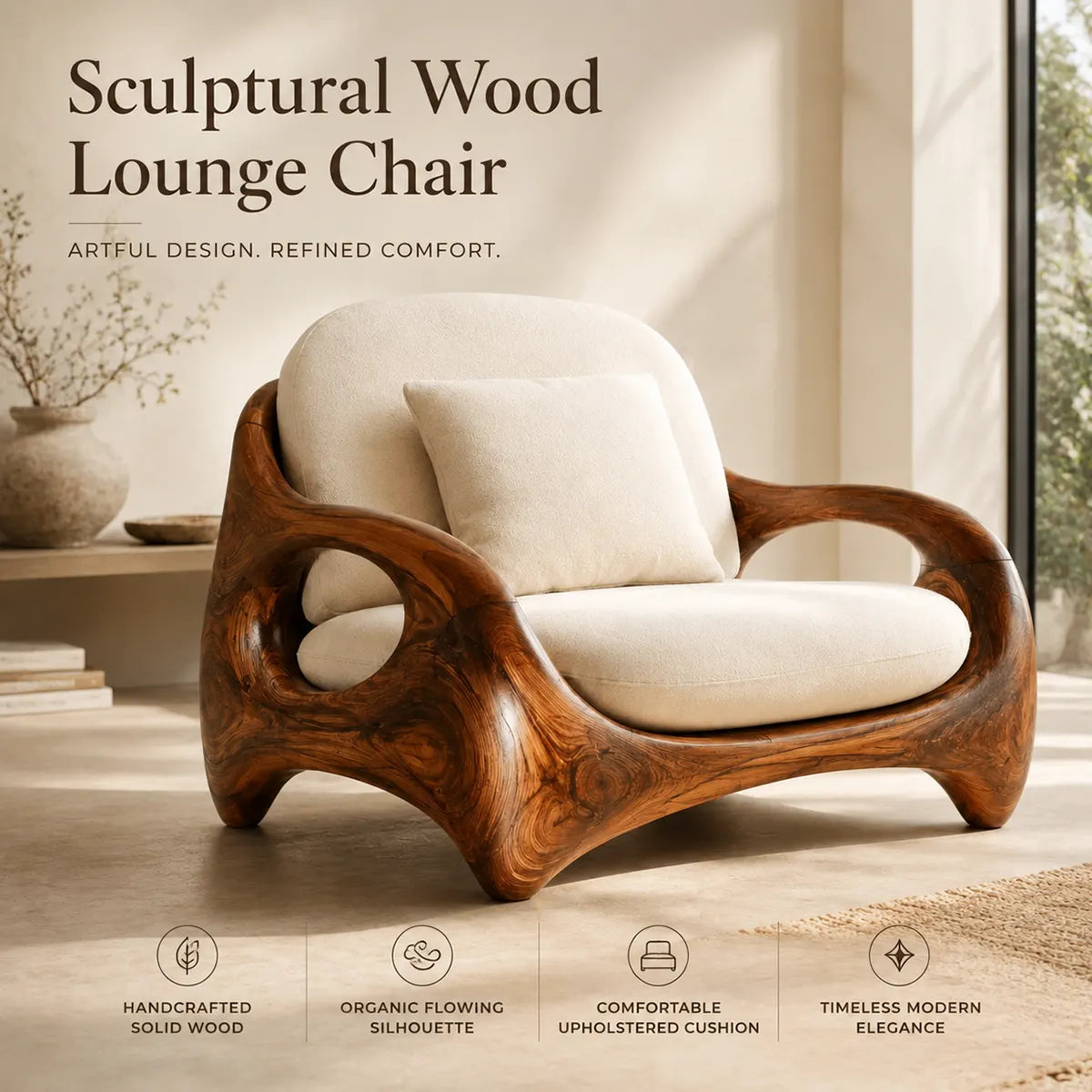 Organic Modern Solid Wood Lounge Chair | Sculptural Handcrafted Wooden Accent Chair TT006-3914