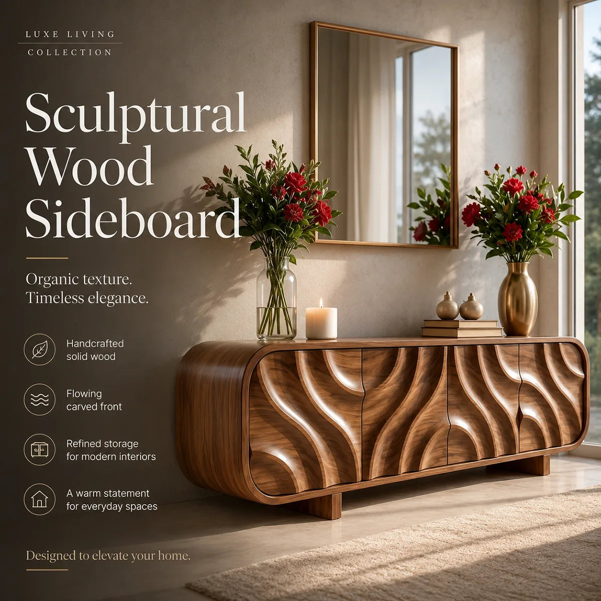 Modern Organic Sideboard Cabinet with Sculpted Wood Doors | Contemporary Storage Credenza TT006-3641