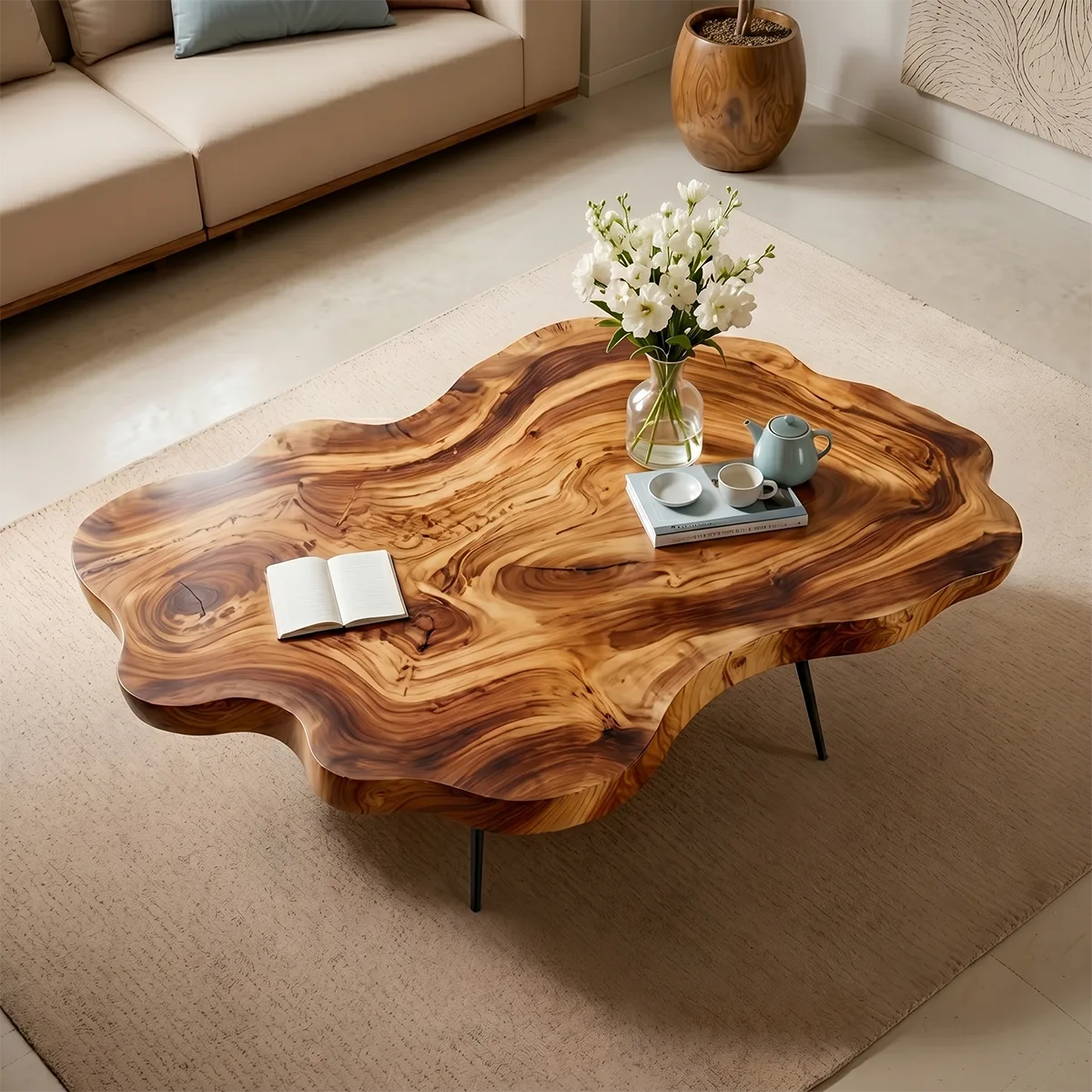 Organic Live Edge Solid Wood Coffee Table – Handcrafted Modern Rustic Table