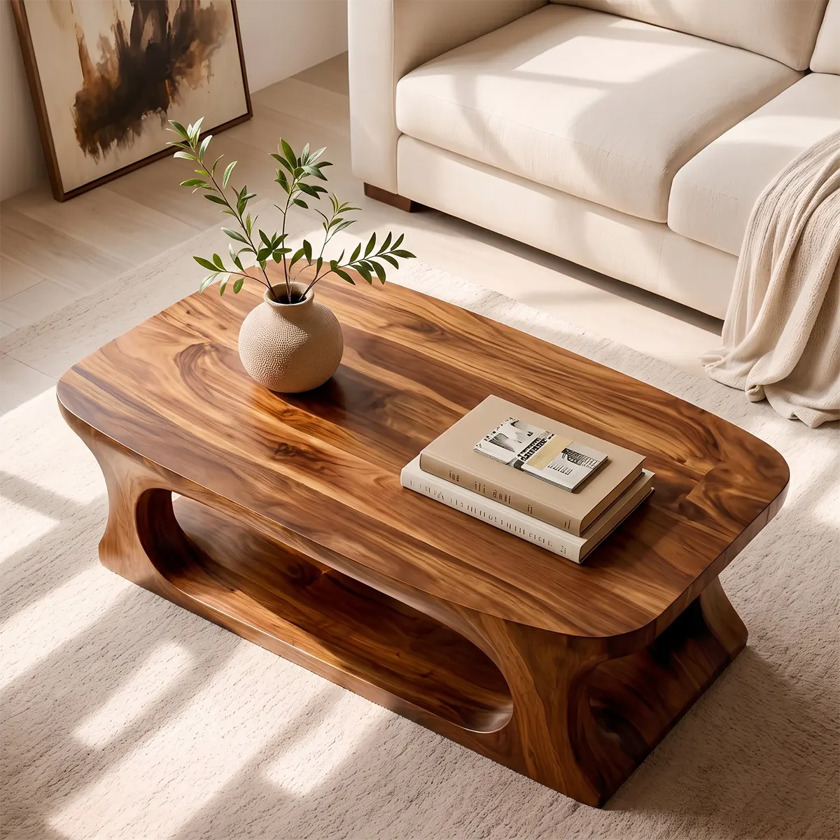 Modern Coffee Table with Shelf | Organic Sculptural Cocktail Table for Contemporary Living Room TT006-5621