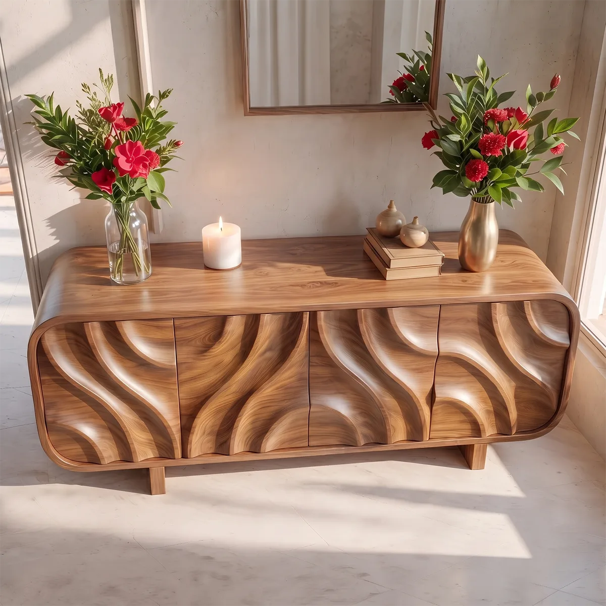 Modern Organic Sideboard Cabinet with Sculpted Wood Doors | Contemporary Storage Credenza TT006-3641