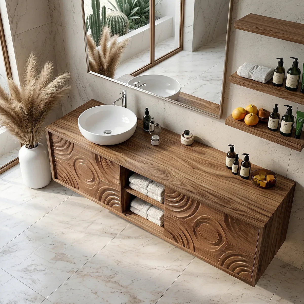 Floating Solid Wood Bathroom Vanity with Carved Doors and Open Center Shelf