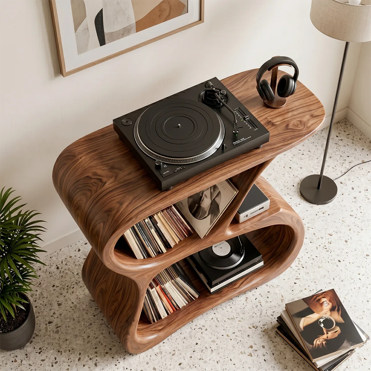 Luxury Solid Wood Record Player Stand, Curved Wooden Vinyl Storage Cabinet