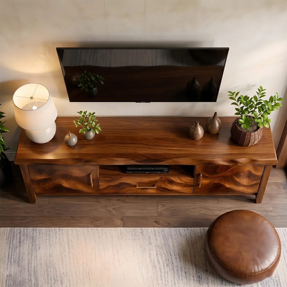 Modern Solid Wood Wavy Carved TV Stand with Mixed Storage