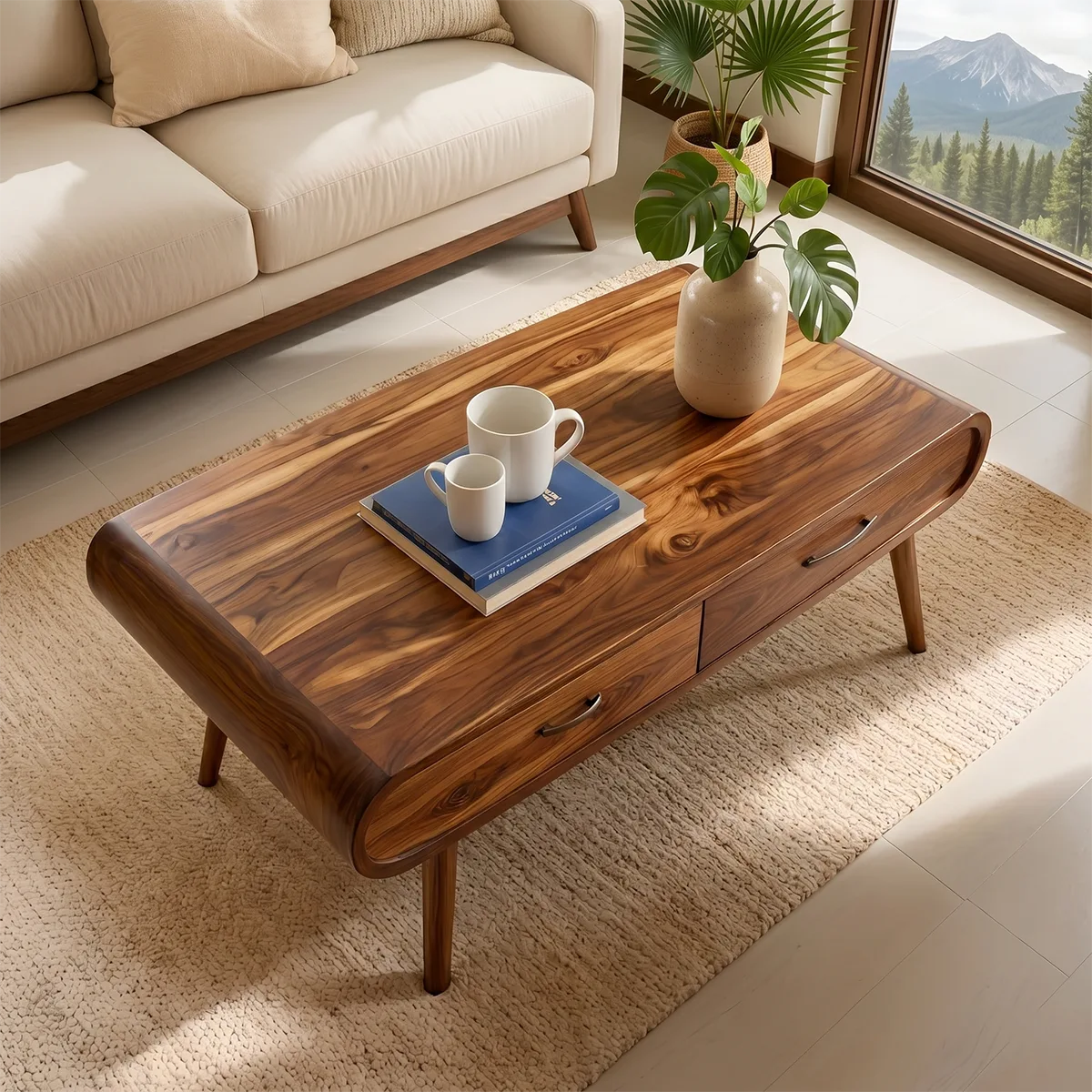 Mid Century Modern Solid Wood Coffee Table with Dual Storage Drawers