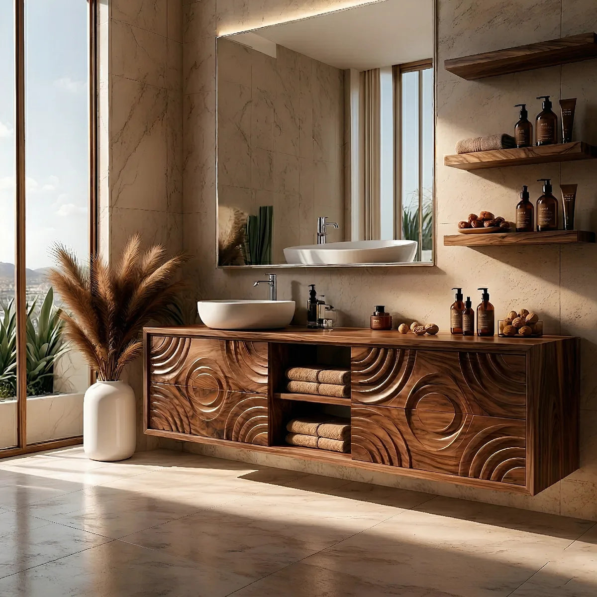 Floating Solid Wood Bathroom Vanity with Carved Doors and Open Center Shelf