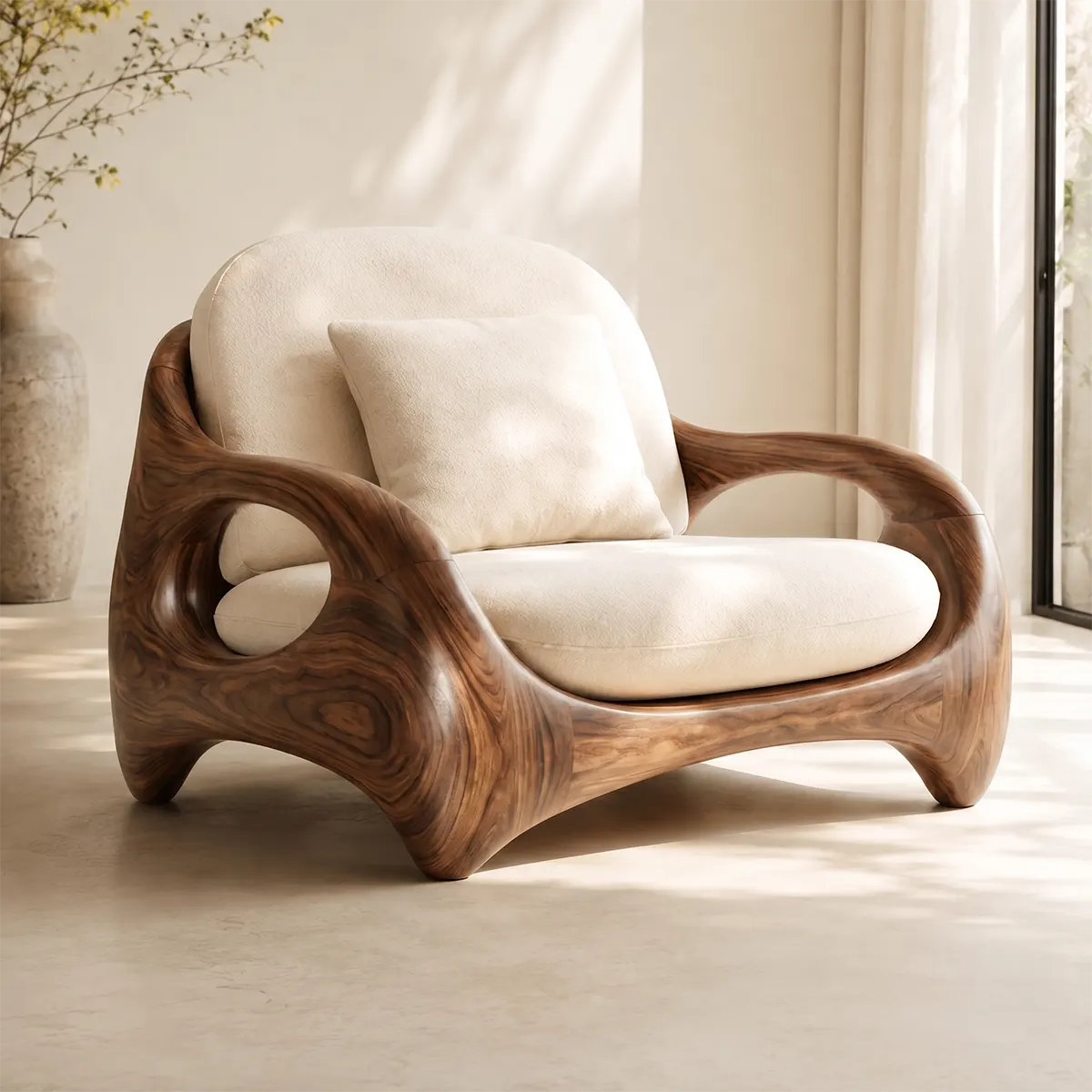 Organic Modern Solid Wood Lounge Chair | Sculptural Handcrafted Wooden Accent Chair TT006-3914