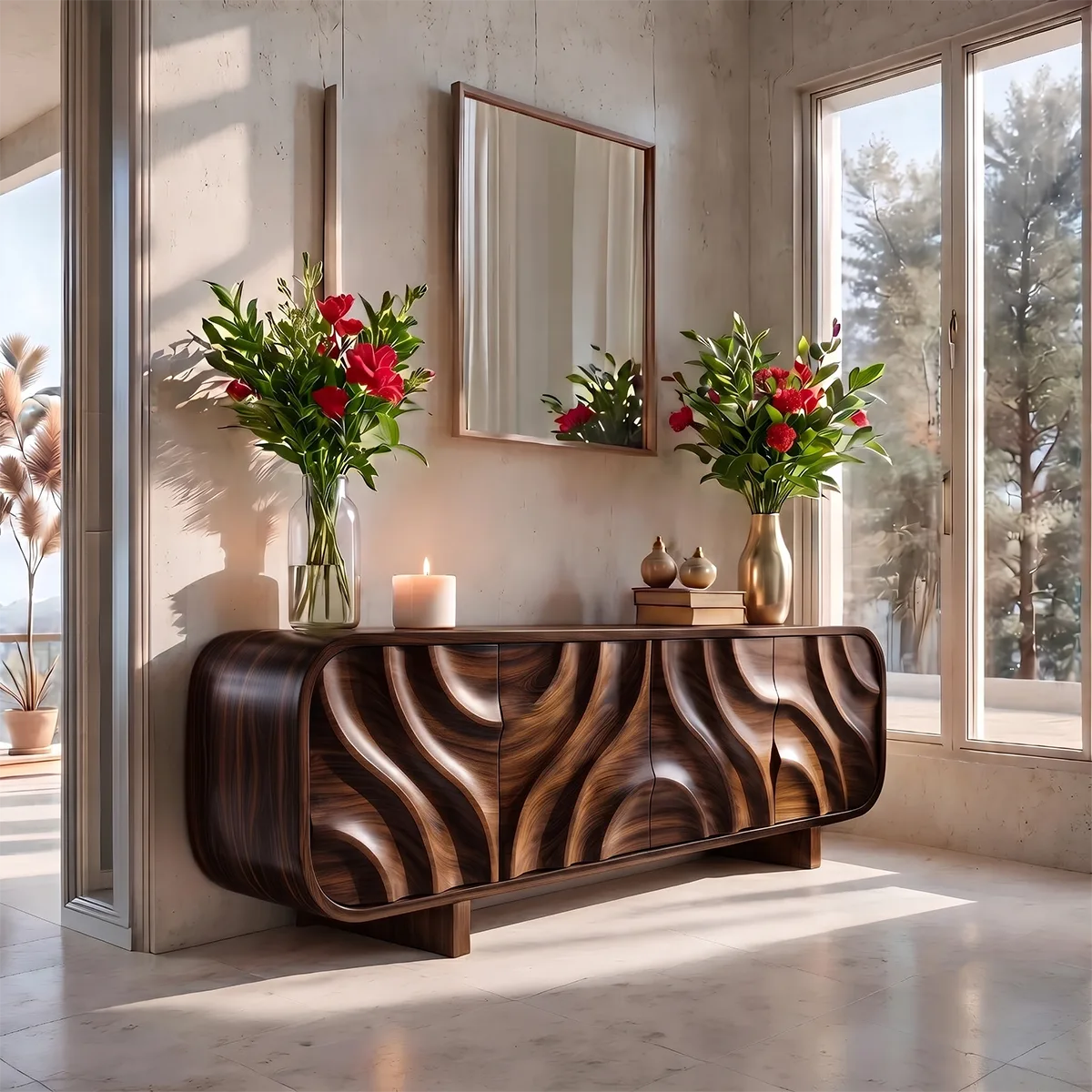 Modern Organic Sideboard Cabinet with Sculpted Wood Doors | Contemporary Storage Credenza TT006-3641
