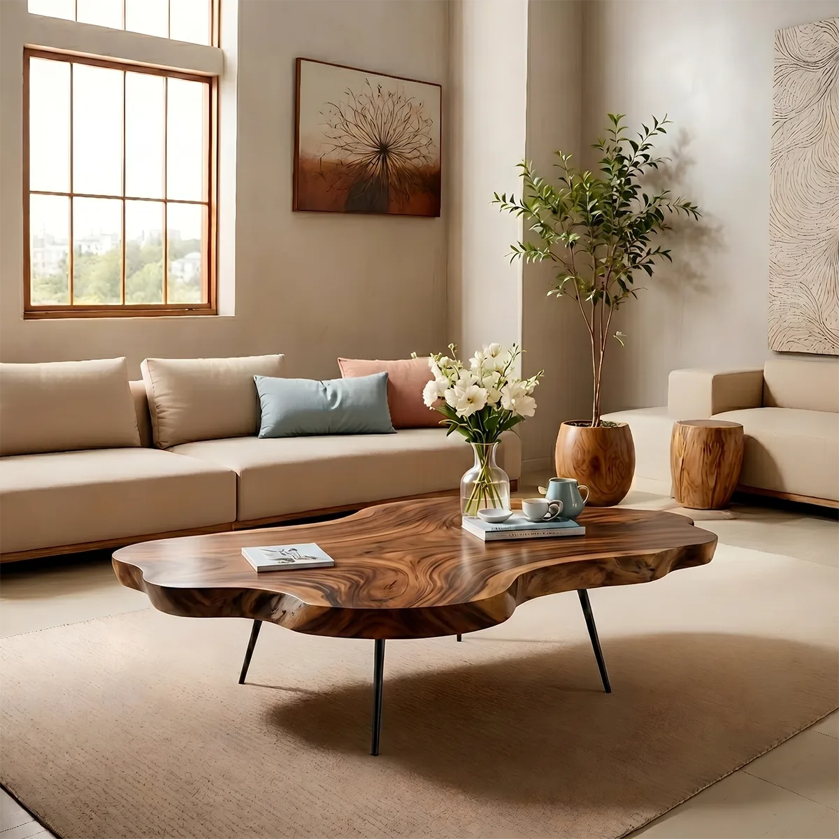 Organic Live Edge Solid Wood Coffee Table – Handcrafted Modern Rustic Table